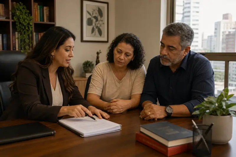 Profissional analisando documentos durante uma reunião de consultoria